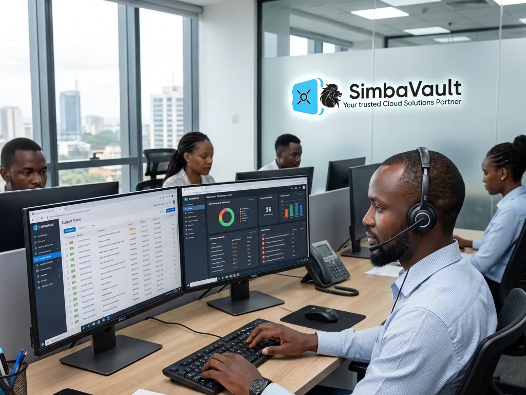 A SimbaVault support engineer taking a customer call