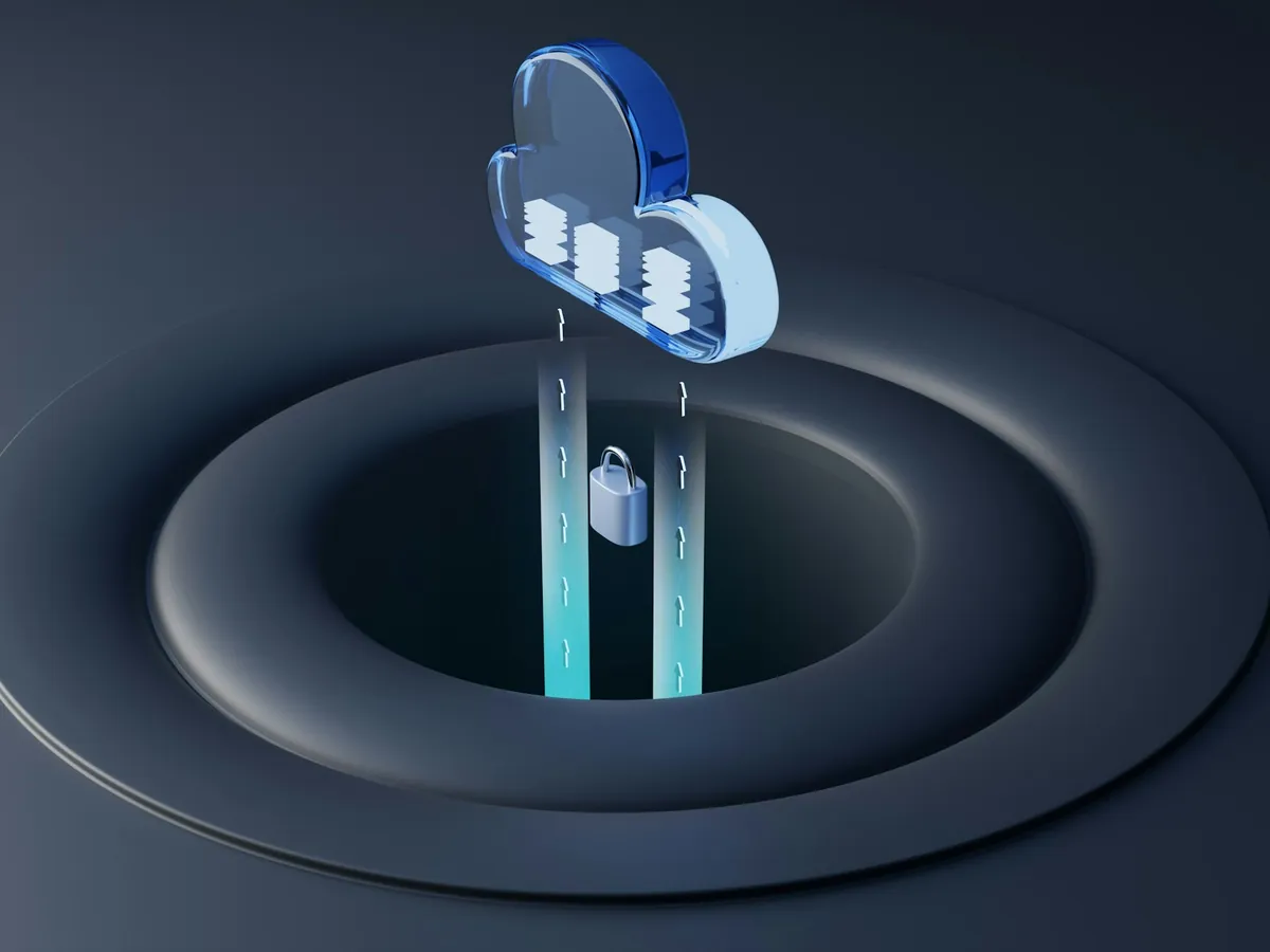 A blue glass cloud holding stacked copies of data, secured with a padlock